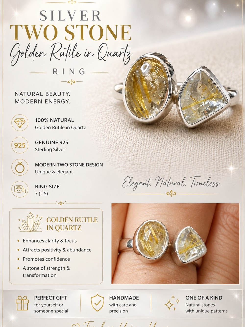 925 Silver Two-Stone Golden Rutile Quartz Ring - Gold Size 7